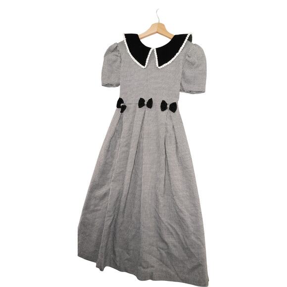 Vintage Bonnie Jean Girls Houndstooth Dress Black Velvet Collar Bows Size 16 - Picture 3 of 9